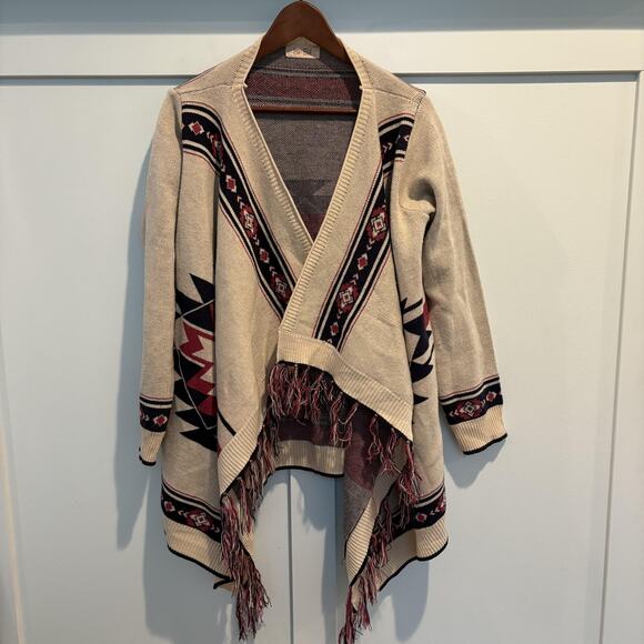 Bo Bel Sweater Womens Large Beige Cardigan Open Front Fringe Aztec Southwestern - Picture 1 of 13